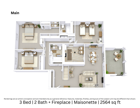 3D floor plan providing an angled view of a 3-bedroom, 2-bath Maisonette with a fireplace, furniture layout, and open-concept flow across 2,564 Sq. Ft.